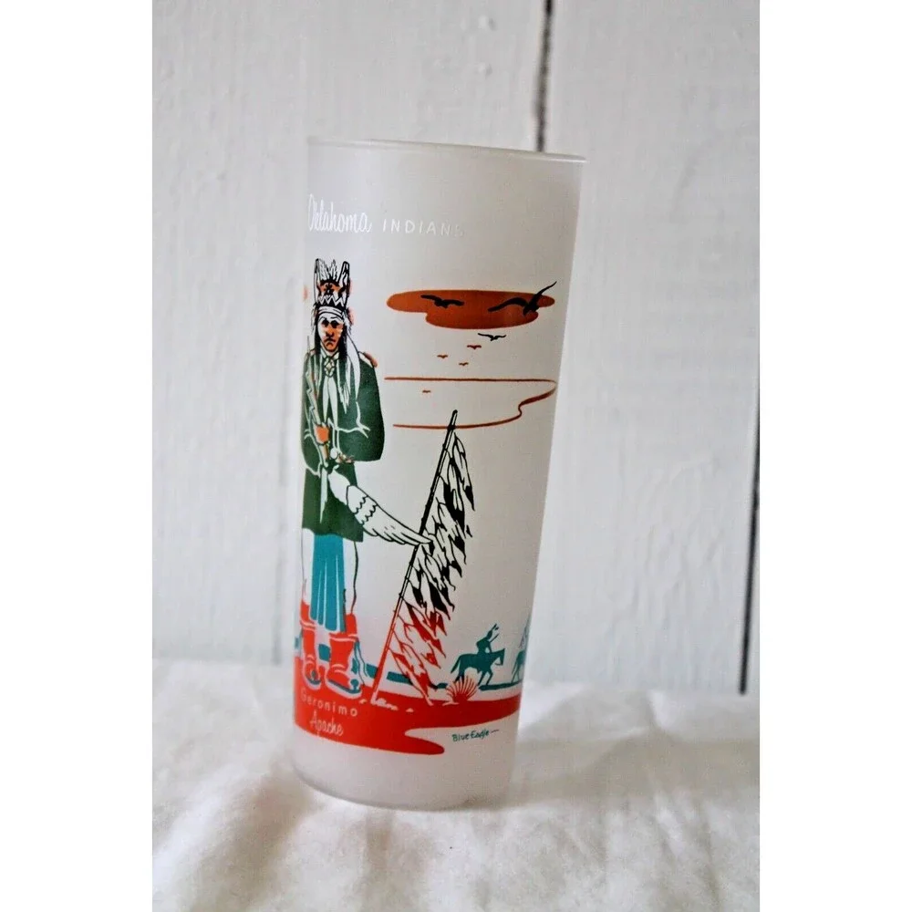 Knox Oil Famous Oklahoma Indians Geronimo Apachie Blue Eagle Frosted Glass 6
